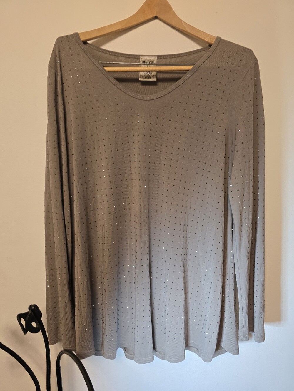 VOCAL Taupe Long Sleeve Scoop Neck Tunic Top with Micro Rhinestones XL